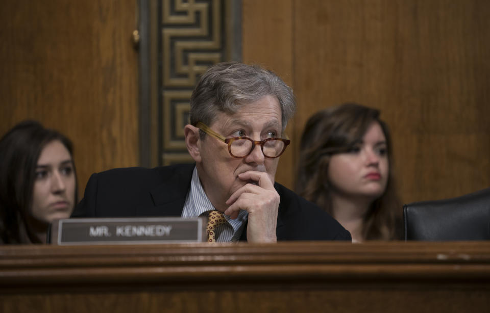 Sen. John Kennedy, R-La., listens to testimony from White House lawyer Steven Menashi, President Donald Trump's nominee for U.S. Court of Appeals for the 2nd Circuit, during his confirmation hearing before the Senate Judiciary Committee, on Capitol Hill in Washington, Wednesday, Sept. 11, 2019. Menashi's guarded responses were frustrating at times to both Democrats and Republicans on the Judiciary panel. (AP Photo/J. Scott Applewhite)