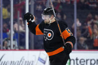 Philadelphia Flyers' Rasmus Ristolainen reacts after scoring a goal during the second period of an NHL hockey game against the Minnesota Wild, Thursday, March 23, 2023, in Philadelphia. (AP Photo/Matt Slocum)