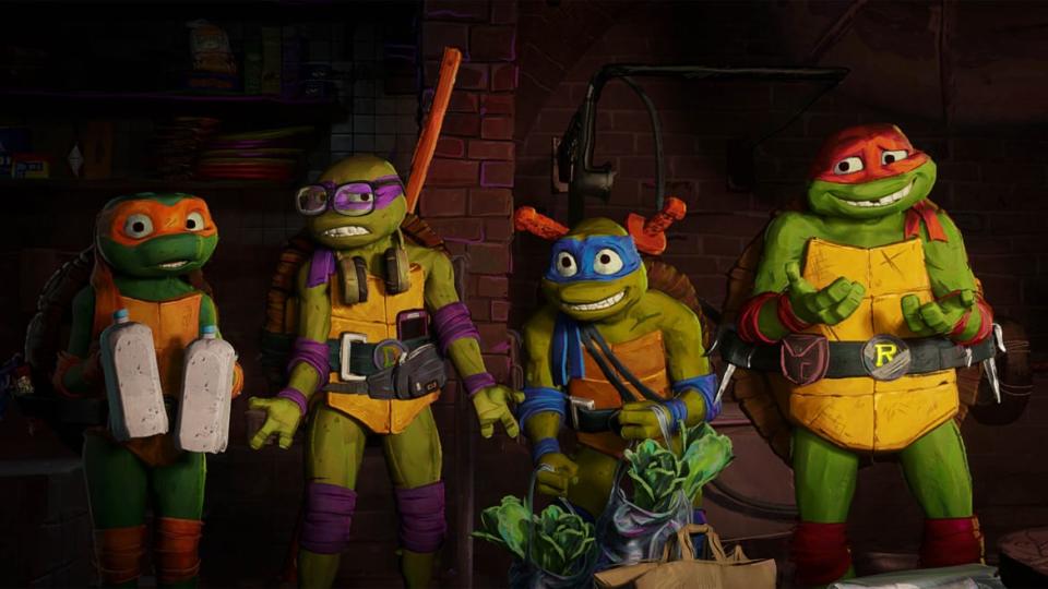 A production still of the new Teenage Mutant Ninja Turtles: Mutant Mayhem movie.