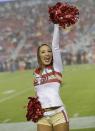 <p>San Francisco 49ers cheerleaders perform during the second half of an NFL football game between the San Francisco 49ers and the New England Patriots in Santa Clara, Calif., Sunday, Nov. 20, 2016. (AP Photo/Marcio Jose Sanchez) </p>