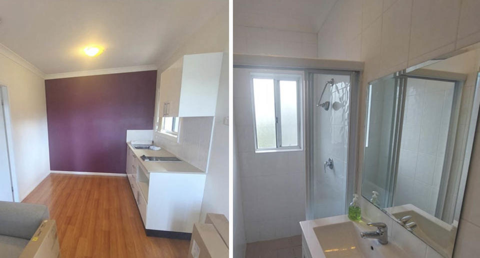 The granny flat's lounge and kitchen area (left) and bathroom (right).