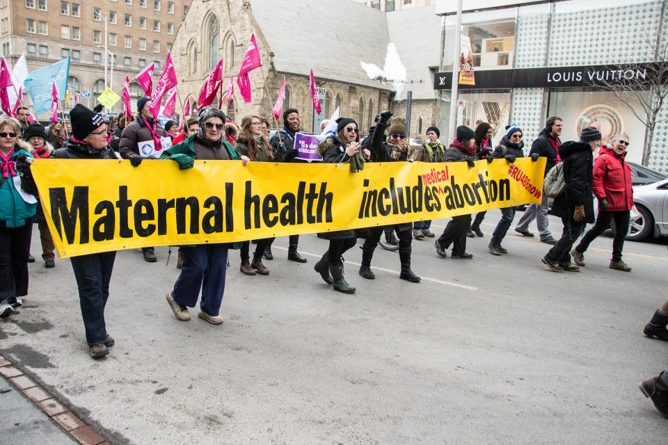 TORONTO: Pro choice abortion sign during protest march the International Women day in Toronto. Thousands gathered in Toronto to mark International Womens Day. (Photo by Roberto Machado Noa/LightRocket via Getty Images)