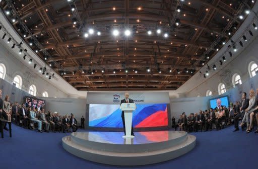 Russia's President Vladimir Putin speaks at a congress of the ruling United Russia party in Moscow. Russia's ruling party on Saturday confirmed today Prime Minister Dmitry Medvedev as its new chief in a bid to reverse flagging popularity that stoked opposition protests against the Kremlin