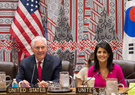 U.S. Secretary of State Rex Tillerson and U.S. Ambassador to the United Nations Nikki Haley hold a trilateral meeting with with Japanese Foreign Minister Fumio Kishida and South Korean Foreign Minister Yun Byung-se at the United Nations in New York City, U.S., April 28, 2017. REUTERS/ Bryan R. Smith/Pool