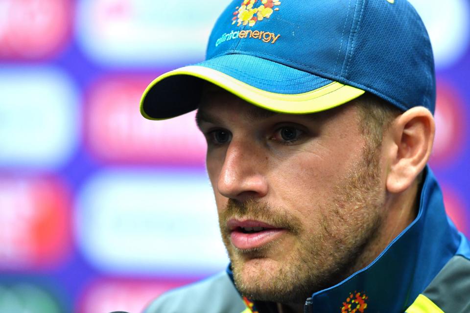 Australia's captain Aaron Finch speaks at a press conference at The County Ground in Taunton, southwest England on June 11, 2019, ahead of their 2019 World Cup match against Pakistan. (Photo by Saeed KHAN / AFP) / RESTRICTED TO EDITORIAL USE        (Photo credit should read SAEED KHAN/AFP/Getty Images)