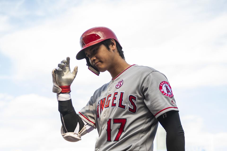 BOSTON, MA - AUGUST 11: Shohei Ohtani #17 of the Los Angeles Angels of Anaheim looks on during the ninth inning of a game against the Boston Red Sox on August 11, 2019 at Fenway Park in Boston, Massachusetts. (Photo by Billie Weiss/Boston Red Sox/Getty Images)
