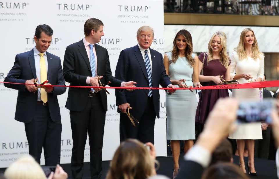 Donald Trump with his sons Donald Trump Jr, Eric Trump; wife Melania Trump and daughters Tiffany Trump and Ivanka Trump. Photo: AAP