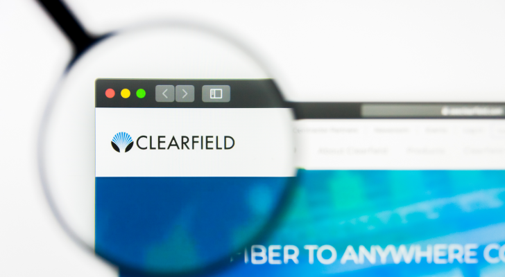 llustrative Editorial of Clearfield Inc website homepage. Clearfield Inc logo visible on display screen.