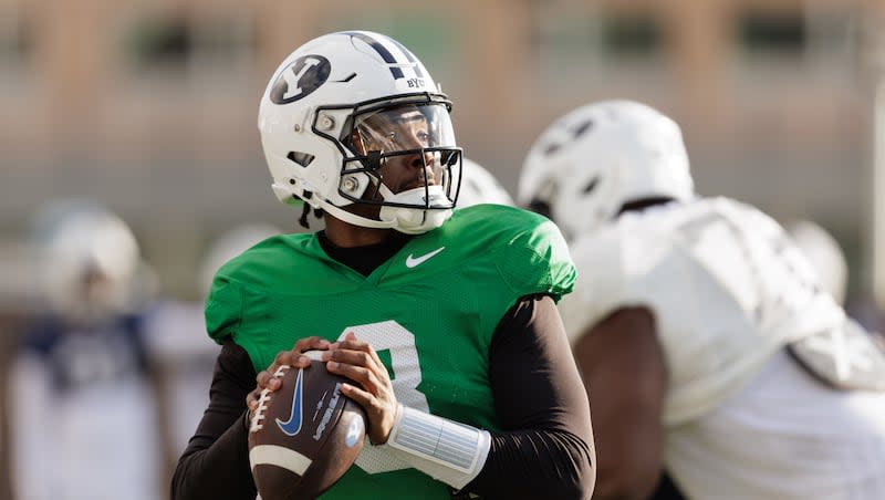 BYU transfer quarterback Gerry Bohanon looks to throw during spring camp in Provo on March 8, 2024. Bohanon is among the QBs batting for the starting job heading into the 2024 season.