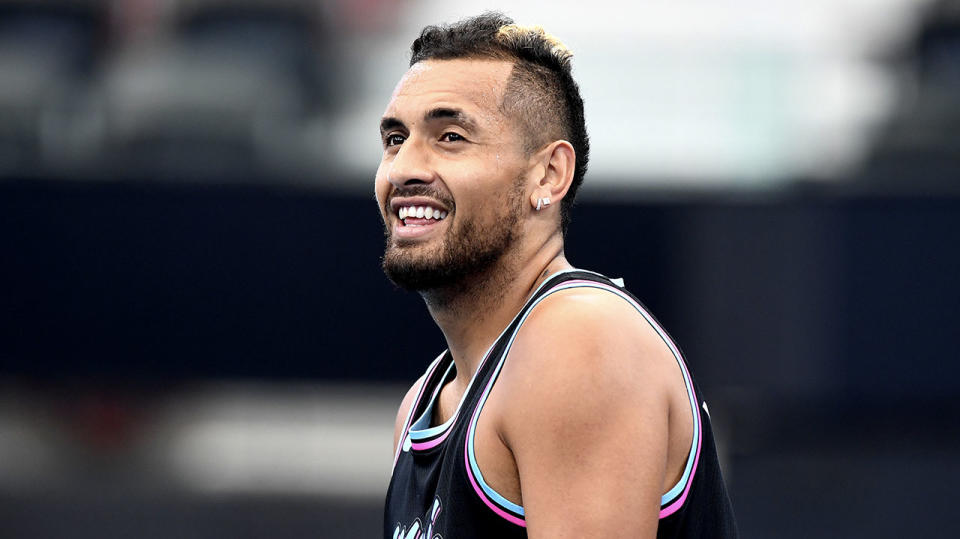 Nick Kyrgios of Australia during practice ahead of the 2020 ATP Cup Group Stage at Pat Rafter Arena on January 01, 2020 in Brisbane, Australia. (Photo by Bradley Kanaris/Getty Images)