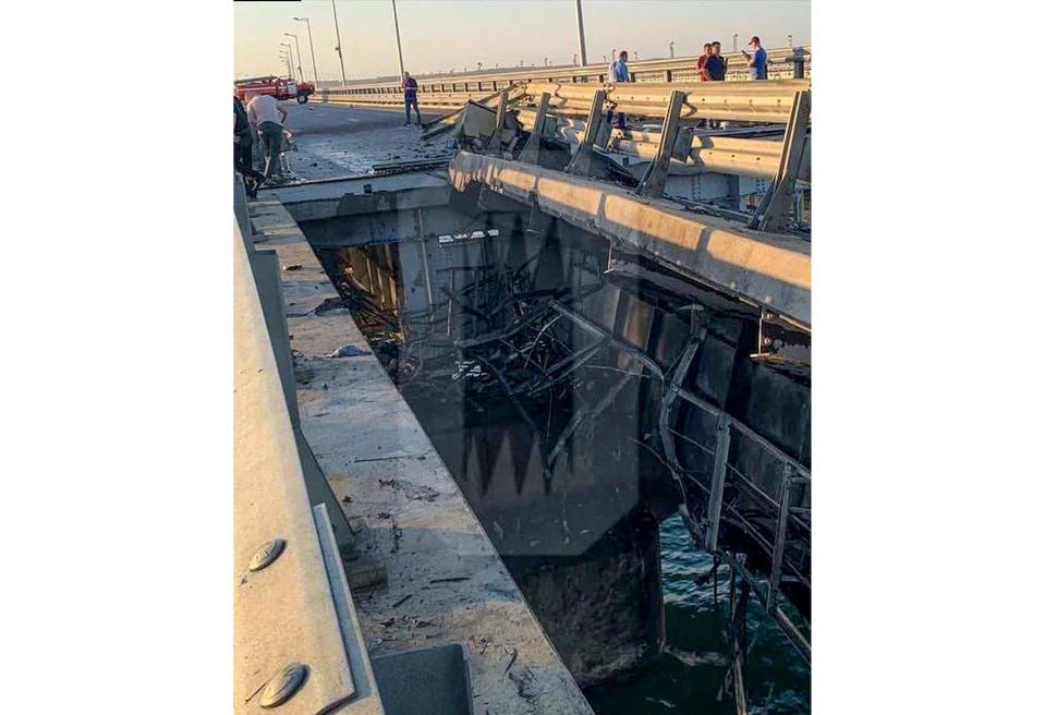 Damage is shown on parts of the bridge connecting the Russian mainland and Crimean peninsula over the Kerch Strait on July 17, 2023.