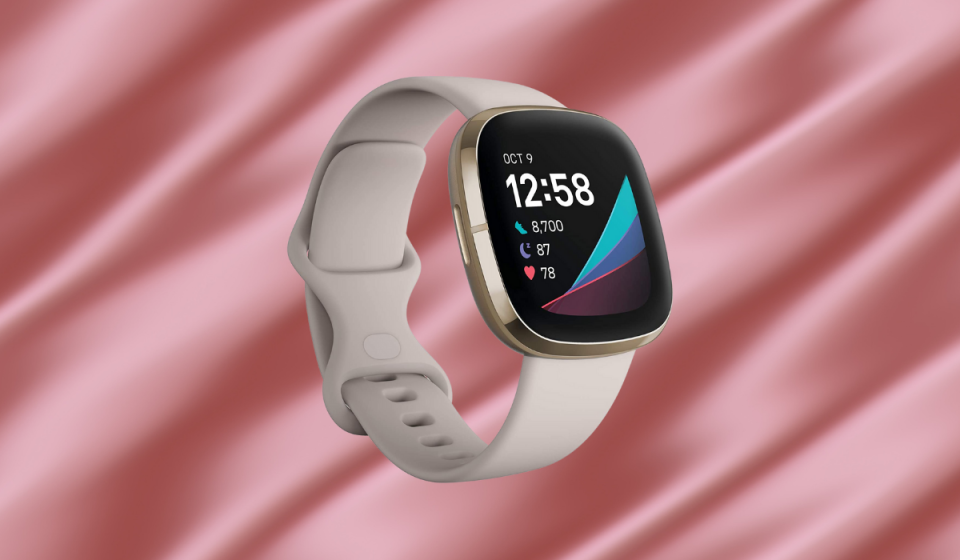 Greige silicone band shown with square-faced smartwatch screen, displaying a date of Oct 6, time of 12:58, 8700 steps counted, 87% sleep score, and heartrate of 78.