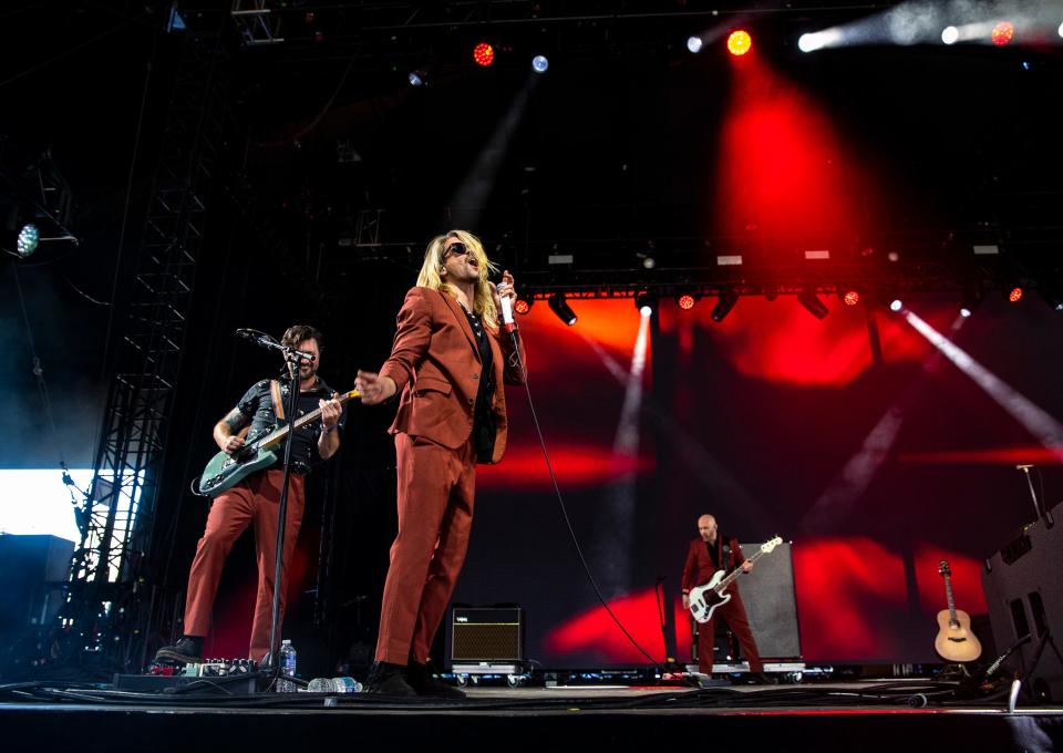 Taking Back Sunday performs in the Mojave tent during the Coachella Valley Music and Arts Festival in Indio, Calif., Sunday, April 14, 2024.