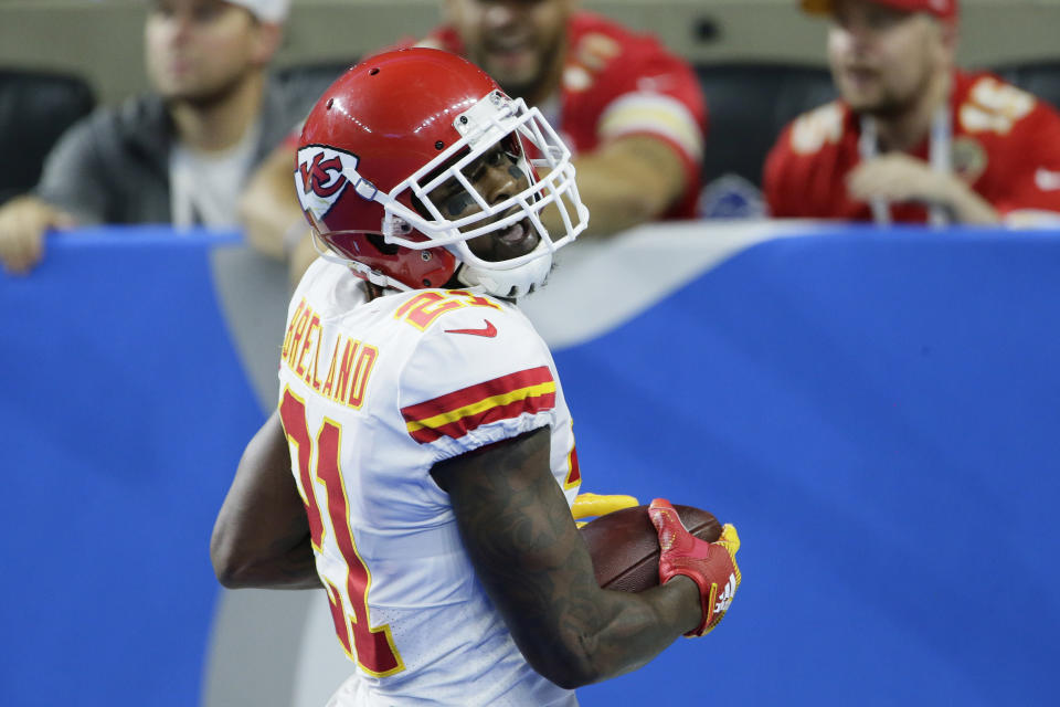 Kansas City Chiefs defensive back Bashaud Breeland crosses into the end zone, after recovering a fumble, for a 100-yard touchdown run during the second half of an NFL football game, Sunday, Sept. 29, 2019, in Detroit. (AP Photo/Duane Burleson)