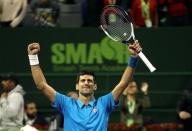 Tennis - Qatar Open - Men's singles semi-finals - Fernando Verdasco of Spain v Novak Djokovic of Serbia - Doha, Qatar - 6/1/2017 - Djokovic celebrates after winning. REUTERS/Ibraheem Al Omari