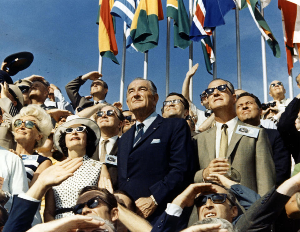 Vice President Spiro Agnew And Former President Lyndon Johnson View The Liftoff Of Apollo 11 From The Stands Located At The Kennedy Space Center Vip Viewing Site. The Apollo 11 Saturn V Space Vehicle Lifted Off On July 16, 1969 And Was Injected Into Lunar Orbit On July 19 With Astronauts Neil A. Armstrong, Michael Collins And Edwin E. Aldrin Jr., At 9:32 A.M. Edt July 16, 1969, From Kennedy Space Center's Launch Complex In Florida.  (Photo: NASA/Getty Images)