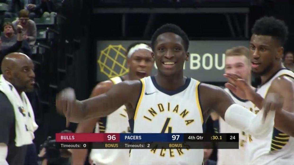 Victor Oladipo gave Pacers fans, and himself, plenty of reason to smile with his clutch play. (Screencap via @its_whitney)