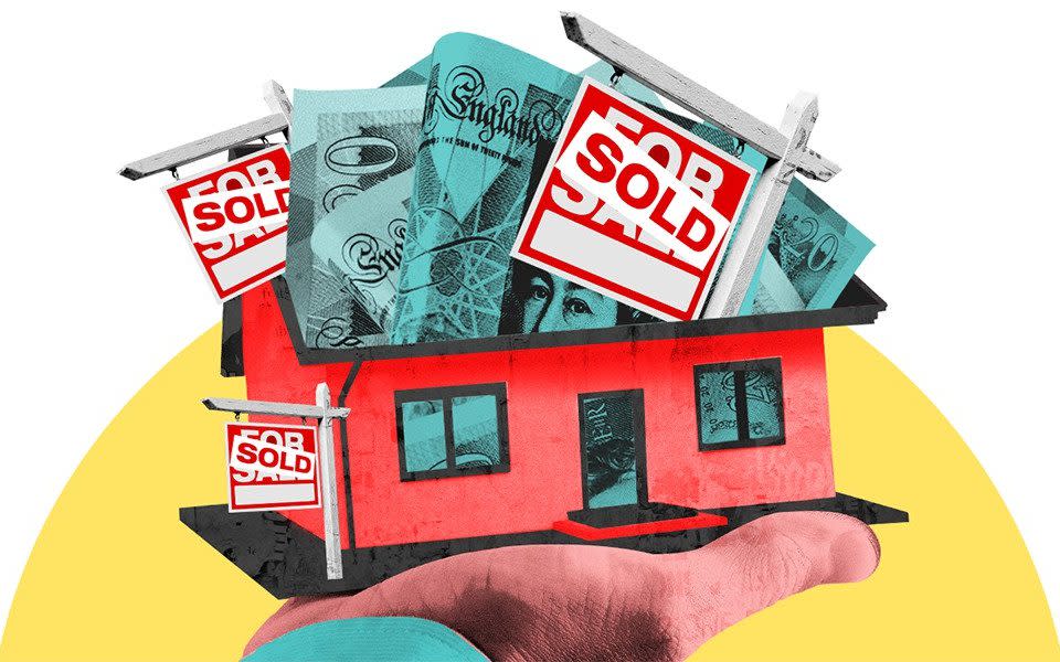A house with money and Sold signs illustration