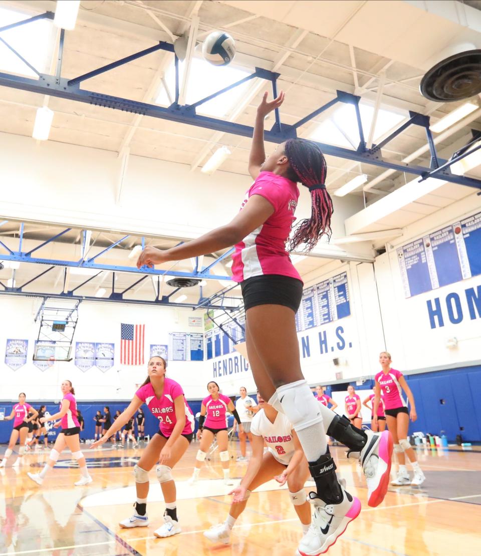 Hendrick Hudson's Amya Davis (16) in action during a volleyball scrimmage against Valhalla at Hen Hud High School on Tuesday, August 30, 2022.
