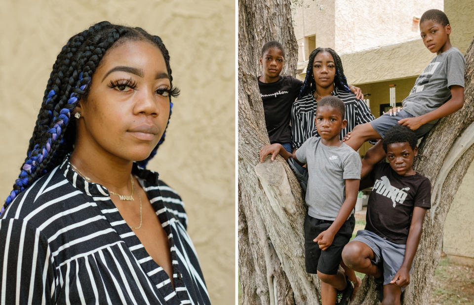 Smith with four of her sons at their apartment complex in suburban Mesa, Arizona. (Stephanie Mei-Ling for NBC News and ProPublica)