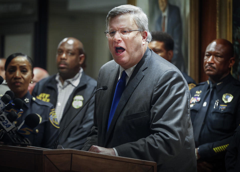 Memphis Mayor Jim Strickland speaks at a midnight news conference on Thursday, Sept. 8, 2022. Police in Memphis, Tennessee, said a man who drove around the city shooting at people, killing several, during an hours-long rampage that forced frightened people to shelter in place Wednesday has been arrested. (Mark Weber/Daily Memphian via AP)