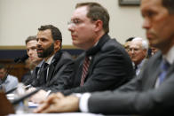 Facebook Head of Global Policy Development Matt Perault, second from left, testifies alongside Google Director of Economic Policy Adam Cohen, back left, Amazon Associate General Counsel Nate Sutton, second from right, and Apple Vice President for Corporate Law and Chief Compliance Officer Kyle Andeer during a House Judiciary subcommittee hearing, Tuesday, July 16, 2019, on Capitol Hill in Washington. (AP Photo/Patrick Semansky)