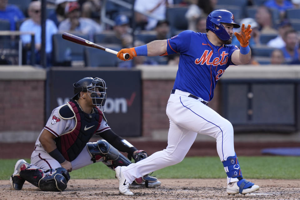 New York Mets' DJ Stewart hits an RBI double during the fifth inning of a baseball game against the Arizona Diamondbacks at Citi Field, Thursday, Sept. 14, 2023, in New York. (AP Photo/Seth Wenig)