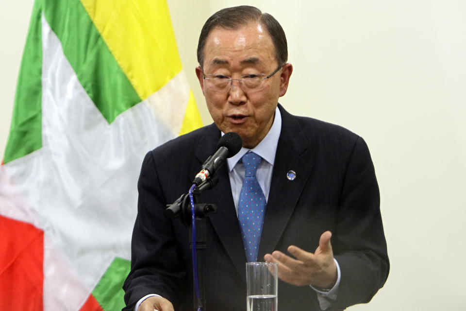 FILE - U.N. Secretary General Ban Ki-moon, talks to journalists during a press conference at the Foreign Ministry office in Naypyitaw, Myanmar, Aug. 30, 2016. Former U.N Secretary-General Ban is on a surprise visit to military-run Myanmar on behalf of The Elders, a group of elder statesmen that engages in peace-making and human rights initiatives around the world, a South Korean diplomat said Monday, April 24, 2023. (AP Photo/Aung Shine Oo, File)