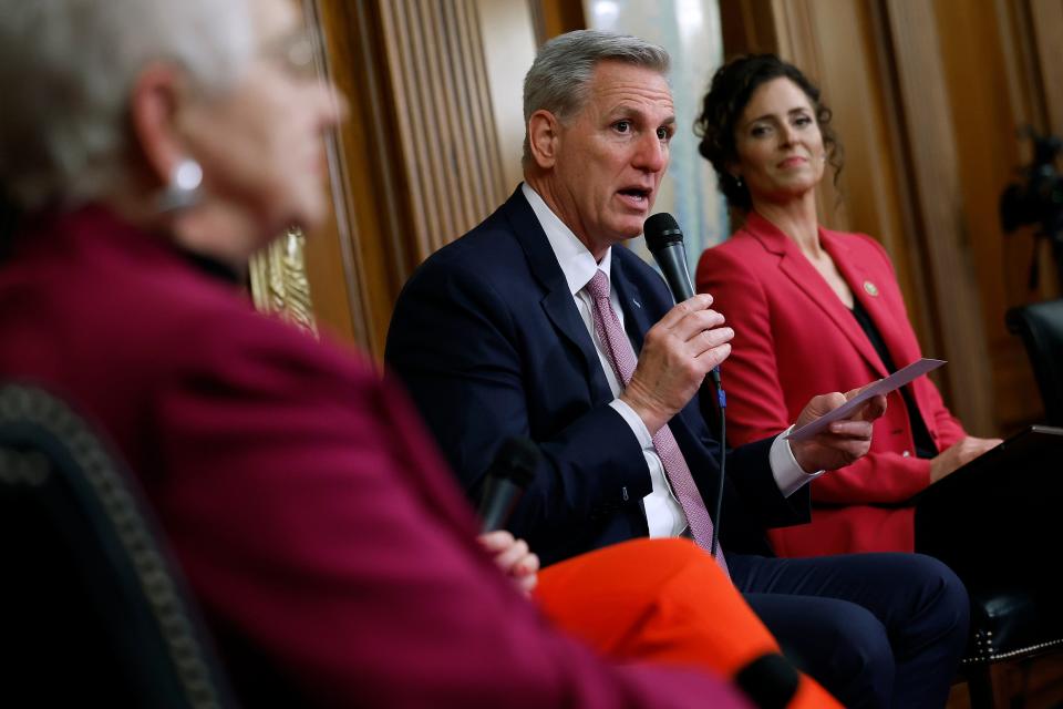 Speaker of the House Kevin McCarthy, R-Calif., delivers remarks during an event to introduce the Parents Bill of Rights Act with Rep. Virginia Foxx, R-Va., (L) and Rep. Julia Letlow, R- La., in the Rayburn Room at the U.S. Capitol on March 01, 2023.