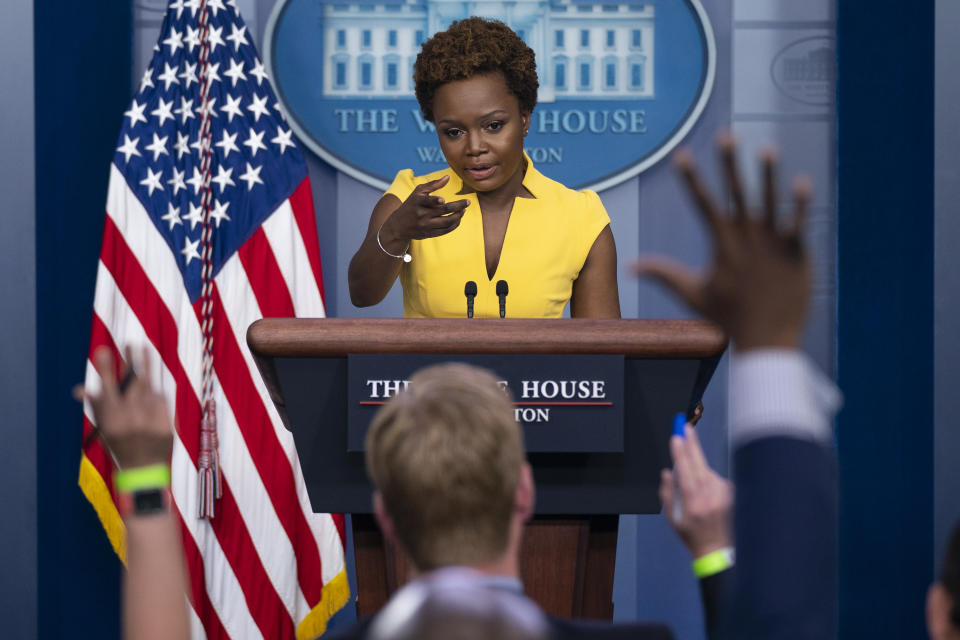 White House deputy press secretary Karine Jean-Pierre speaks during a press briefing at the White House, Wednesday, May 26, 2021, in Washington. (AP Photo/Evan Vucci)