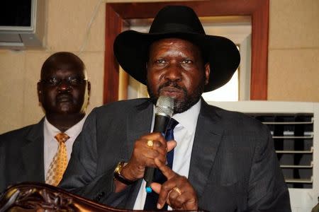 South Sudan's President Salva Kiir addresses delegates during the swearing-in ceremony of First Vice President Taban Deng Gai at the Presidential Palace in the capital of Juba, South Sudan, July 26, 2016. REUTERS/Jok Solomun