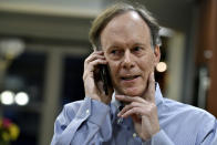 William G. Kaelin, Jr. talks to a reporter after being awarded the Nobel Prize for Physiology or Medicine, Monday, Oct. 7, 2019, in Boston. Kaelin, who teaches at Harvard, will share the prize with Peter J. Ratcliffe and Gregg L. Semenza for their discoveries of how cells sense and adapt to oxygen availability, the Nobel Committee announced Monday. (AP Photo/Josh Reynolds)