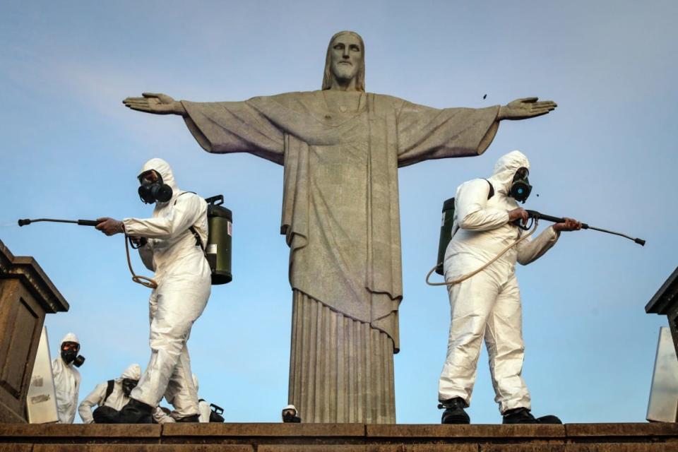 <div class="inline-image__caption"><p>Military personnel belonging to the Joint Command East disinfected the Sanctuary where the statue of Christ the Redeemer is located on August 13, 2020, in Rio de Janeiro, Brazil.</p></div> <div class="inline-image__credit">Andre Coelho/Getty</div>