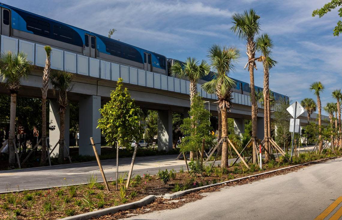 Newly planted palms and tree saplings line a nearly finished section of the second phase of The Underline bike and pedestrian trail and park underneath the elevated Metrorail tracks at Southwest 25th Road and U.S. 1.