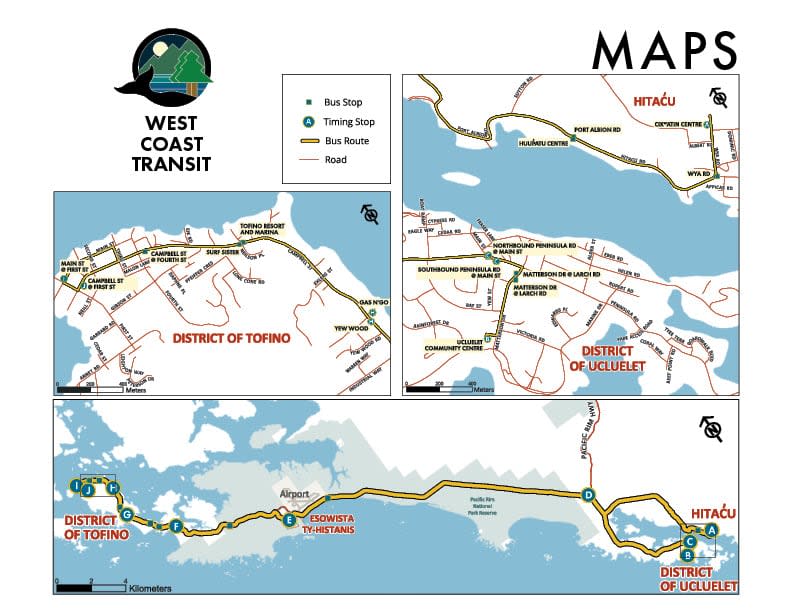 The West Coast Transit is an interim transit service that will operate between the Yuułuʔiłʔatḥ Government community of hitac̓u, Ucluelet, Tofino, and passes through the Tla-o-qui-aht First Nation communities of Ty-Histanis and Esowista. 