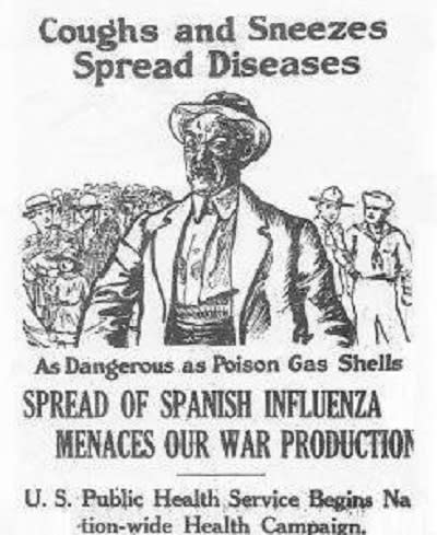 Cartel del departamento de salud pública estadounidense advirtiendo de la peligrosidad de la gripe que provenía de España y comparándola con los gases venenosos (imagen vía Wikimedia commons)