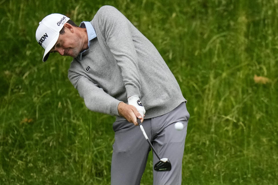 Keegan Bradley tees off on the 15th hole during the first round of the Travelers Championship golf tournament at TPC River Highlands, Thursday, June 22, 2023, in Cromwell, Conn. (AP Photo/Frank Franklin II)