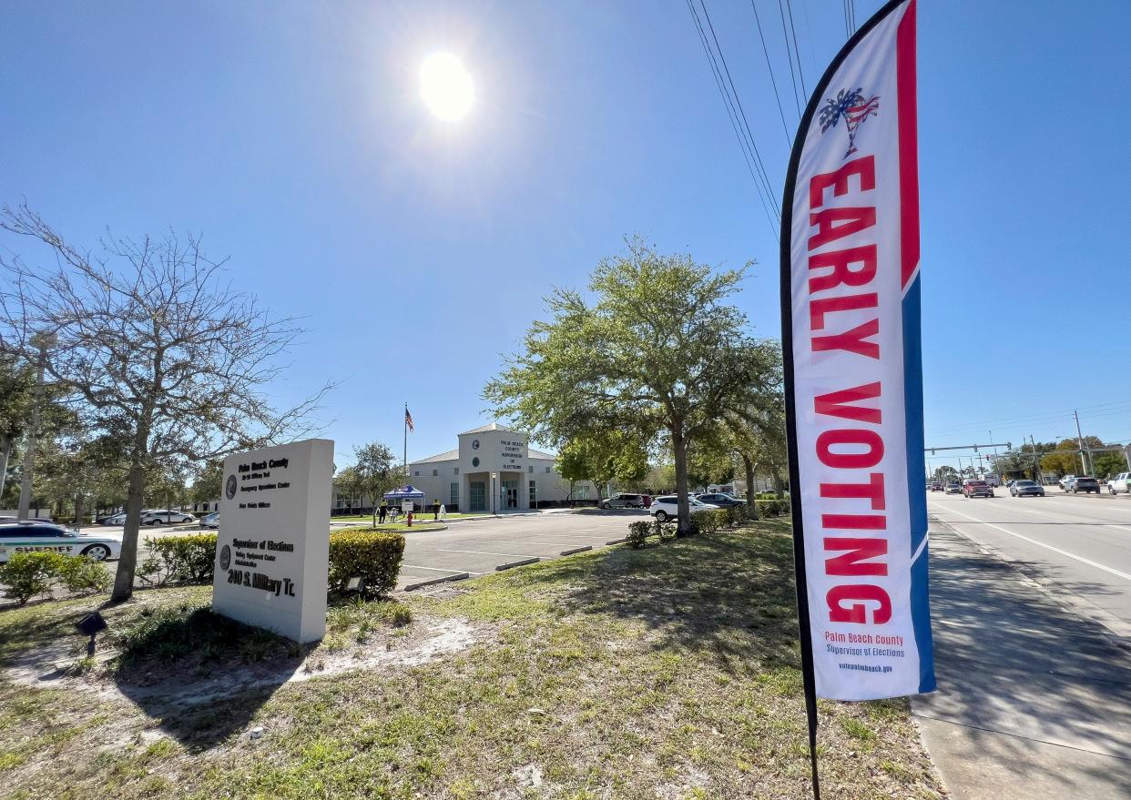 An early voting banner sits outside the Supervisor of Elections office in West Palm Beach in March. Early voting for the Aug. 23 primary begins today and lasts for two weeks.