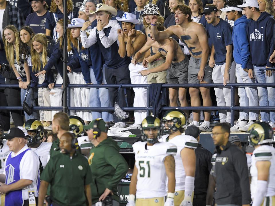 Utah State fans yell at Colorado State players during the second half of an NCAA college football game Saturday, Oct. 7, 2023, in Logan, Utah. | Eli Lucero/The Herald Journal via AP