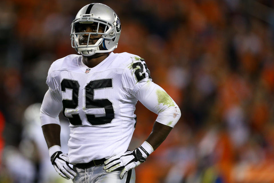 DENVER, CO - SEPTEMBER 23:  Cornerback DJ Hayden #25 of the Oakland Raiders reacts after a Denver Broncos first down during the third quarter at Sports Authority Field Field at Mile High on September 23, 2013 in Denver, Colorado. The Broncos defeated the Raiders 37-21. (Photo by Justin Edmonds/Getty Images)