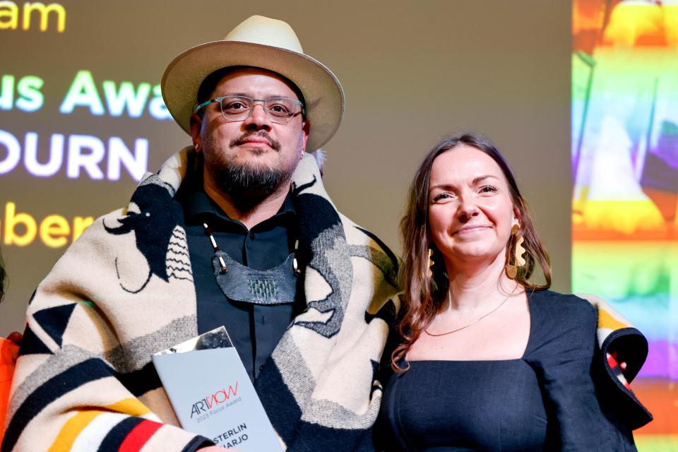 Sterlin Harjo, Reservation Dogs co-creator, receiving the ArtNow 2023 Focus Award on Jan. 11, is pictured alongside Lindsay Aveilhé at the Oklahoma Contemporary Arts Center in Oklahoma City.