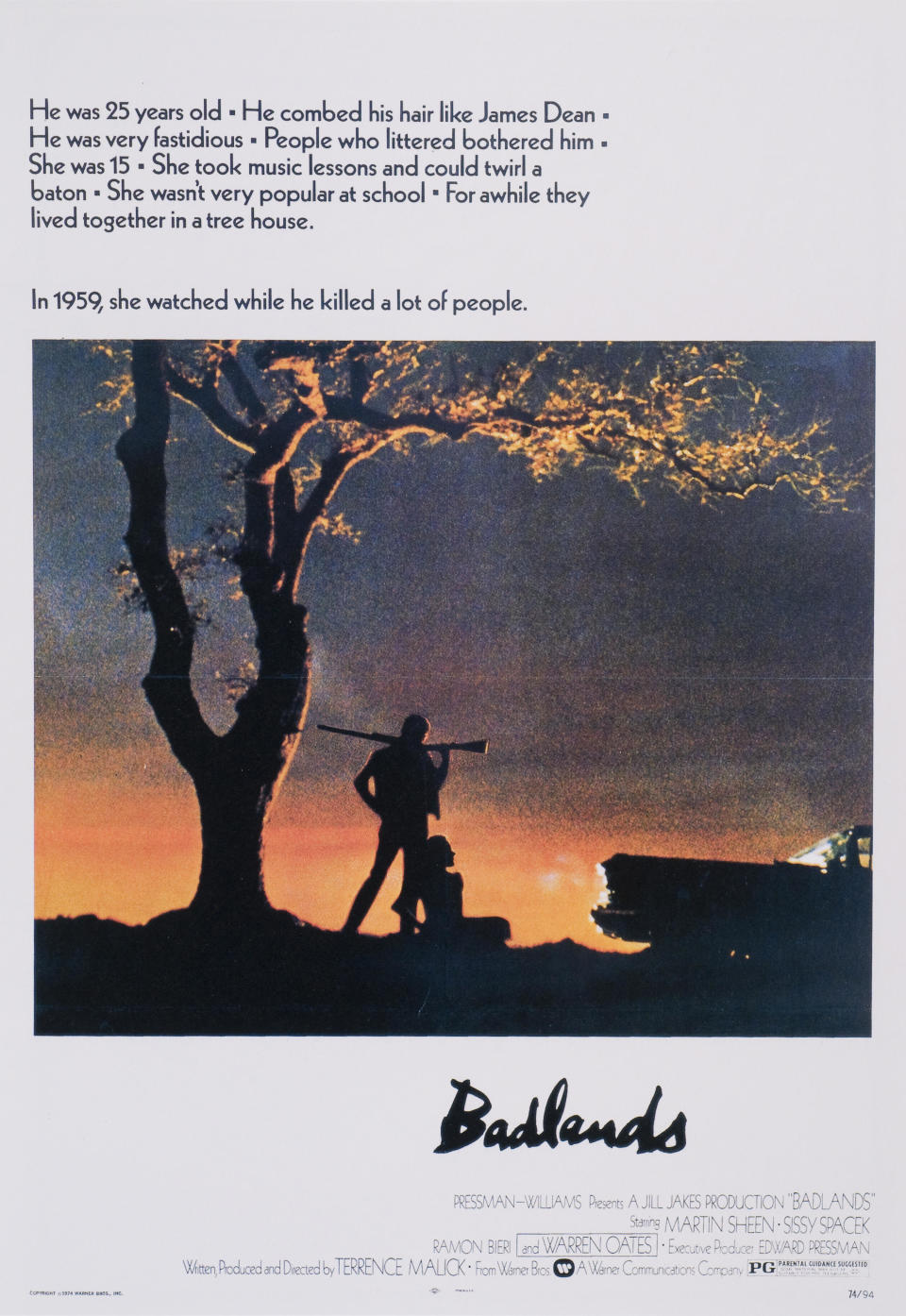 Poster image for the film "Badlands" depicting the two lovers standing in silhouette beneath a tree; one of them is holding a shotgun