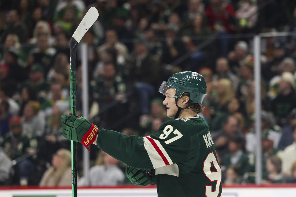 Minnesota Wild left wing Kirill Kaprizov walks on the ice in between plays during the second period of an NHL hockey game against the San Jose Sharks, Sunday, March 3, 2024, in St. Paul, Minn. (AP Photo/Stacy Bengs)