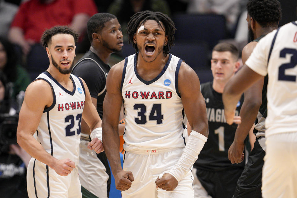 Howard's Bryce Harris (34) reacts after being fouled during the first half of the team's First Four college basketball game against Wagner in the men's NCAA Tournament on Tuesday, March 19, 2024, in Dayton, Ohio. (AP Photo/Jeff Dean)