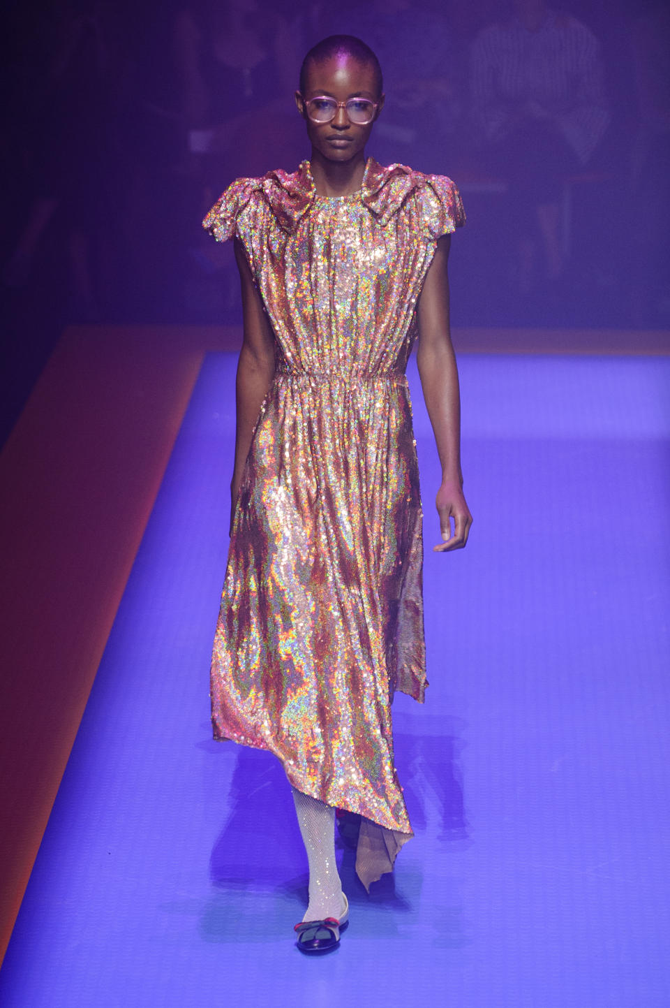 <p><i>Gold iridescent dress from the SS18 Gucci collection. (Photo: ImaxTree) </i></p>