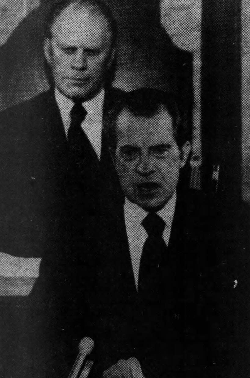 Nixon talks about the State of the Union with Ford looking over his shoulder.