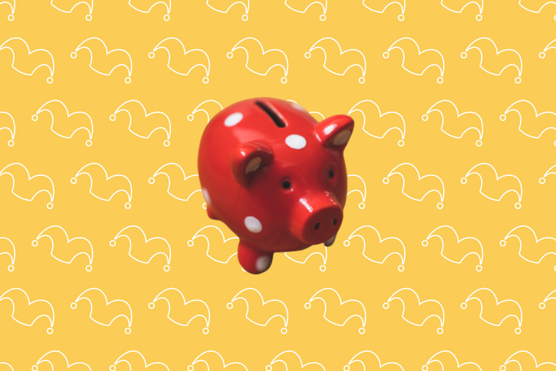 A red piggy bank against a yellow background