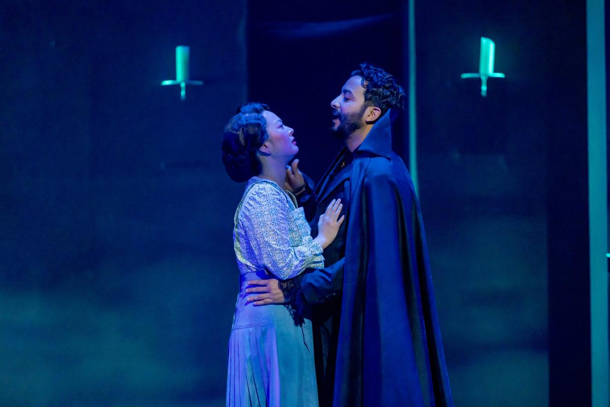 As you can see in this photo of Mi Kang (Mina, left) and Adam Poss (Dracula), passion and power are constants in the Playhouse in the Park’s production of “Dracula,” running through March 3.