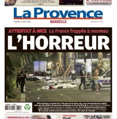 La Provence choisit également le mot “horreur” pour sa une du 15 juillet.