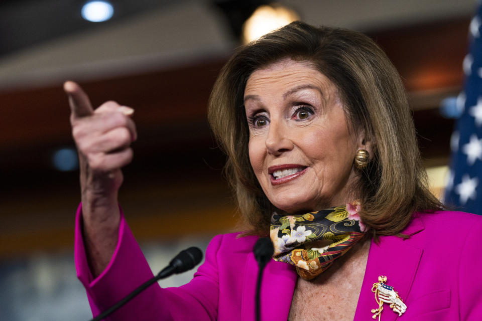 House Speaker Nancy Pelosi of Calif., speaks during a news conference on Capitol Hill, Friday, Sept. 18, 2020, in Washington. (AP Photo/Manuel Balce Ceneta)